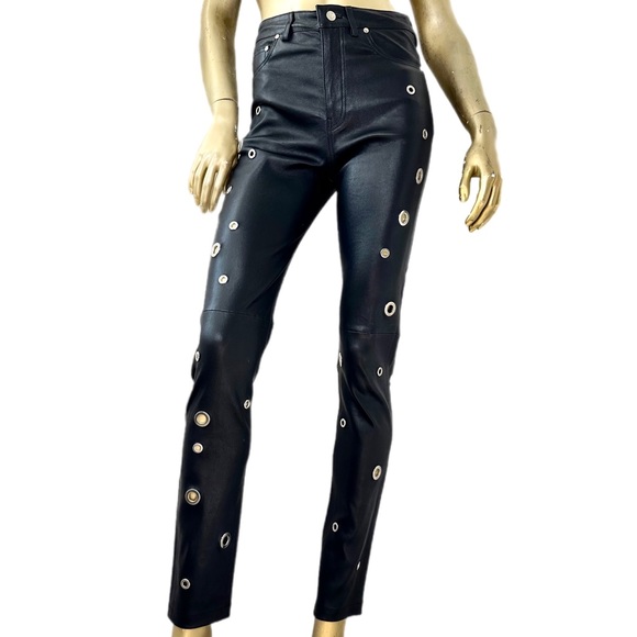 DODO BAR OR 100% LEATHER SKINNY PANTS WITH GROMMET CIRCLE CUT-OUTS SIZE 40 - Picture 1 of 14